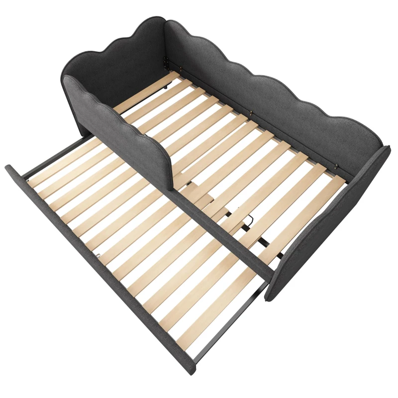 Upholstered Daybed with Pull-Out Trundle & Removable Front Rail, Space-Saving Sofa Bed for Compact Flats, 197L x 99W x 70H cm, Grey