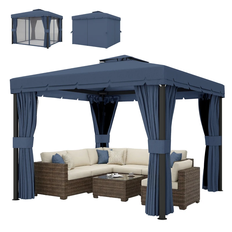 Outsunny 3 x 3(m) Patio Gazebo Canopy Garden Pavilion Tent Shelter Marquee with 2 Tier Roof, Netting and Curtains, Dark Blue