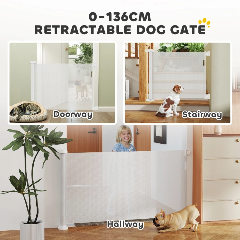 PawHut Retractable Dog Gate, 0-136 cm Mesh Stair Gate, Safety Gate for Small Dogs, Doorways, Hallways, Stairways, Indoor, Outdoor, White