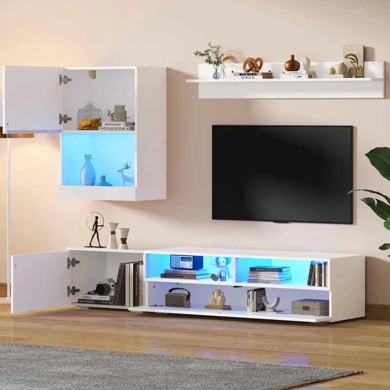 3-Piece TV Wall Unit Set with App-Controlled LED Lights, High-Gloss TV Cabinet Set for Modern Living Areas, 175L x 39W x 34H cm, White