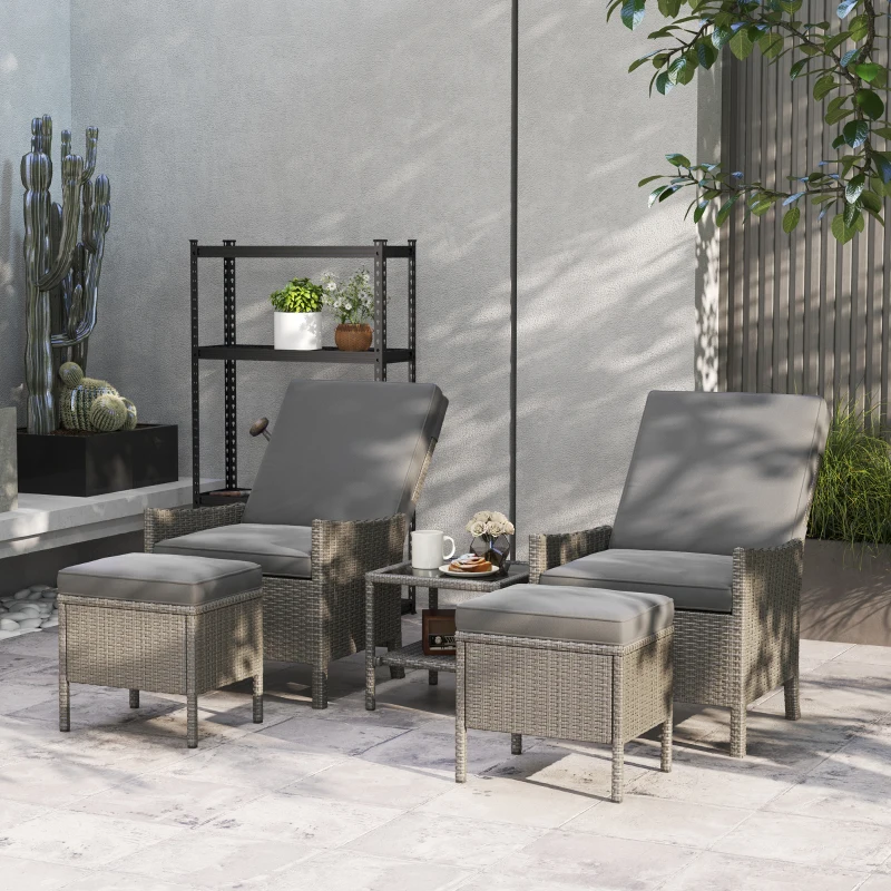 Outsunny 5 Piece Rattan Garden Furniture Set, Wicker Patio Sofa Set with 2 Armchairs, 2 Footstools, Glass Top Coffee Table with Shelf, Outdoor Furniture with Adjustable Backrests, Cushions, Dark Grey