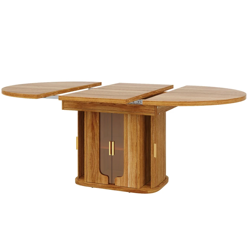 Extendable Dining Table with Hidden Storage and Glass Doors, Round Kitchen Table for 6 People, 118-158L x 118W x 77H cm, Walnut