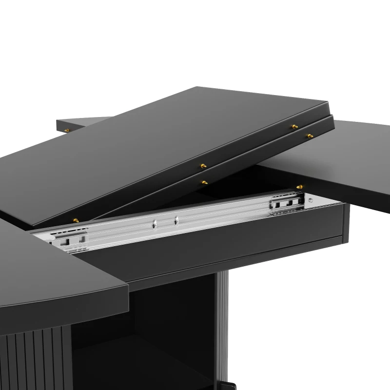 Extendable Dining Table with Curved Sliding Doors and 2 Shelves, Space-Saving Kichen Table for 6 People, 118L x 118W x 76H cm, Black