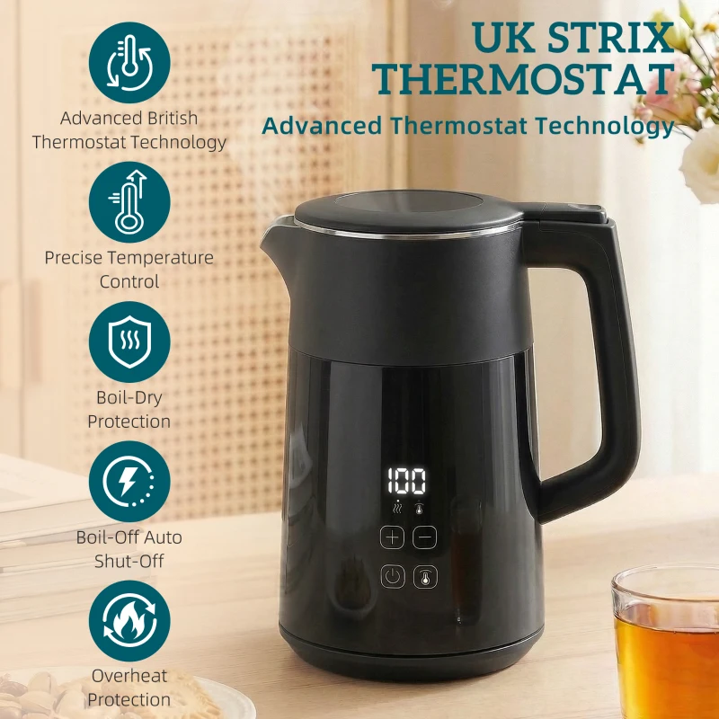 HOMCOM Elektryczny czajnik, 1,7 l, szybkie gotowanie, 2200 W, z wyświetlaczem LED, funkcją podtrzymywania ciepła, zabezpieczeniem przed suchobiegiem, bez PTFE