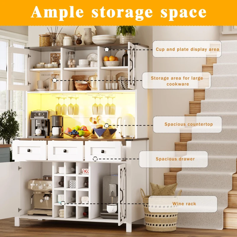 Tall Kitchen Cabinet with Integrated 2 AC + 2 USB Power Strip, Modern Sideboard with 4 Doors & 3 Drawers, 120L x 40W x 170H cm, White