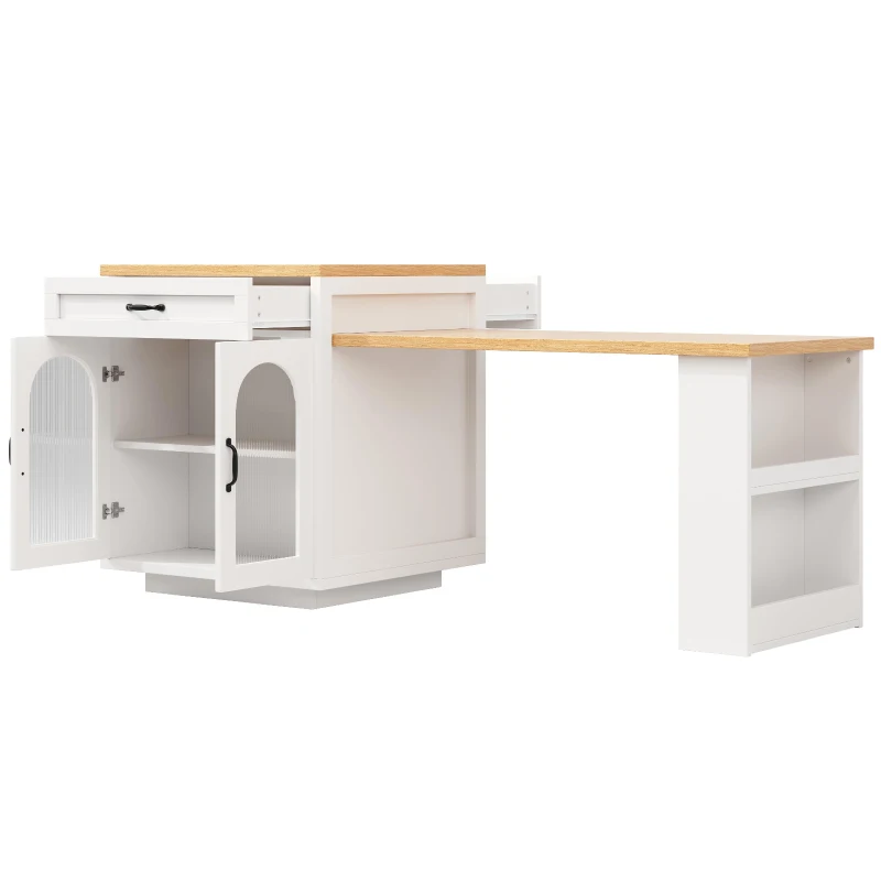 Extendable Kitchen Island with App-Controlled RGB Lighting, Versatile Storage Cabinet with Adjustable Shelf, 126-196L x 59W x 94H cm, White