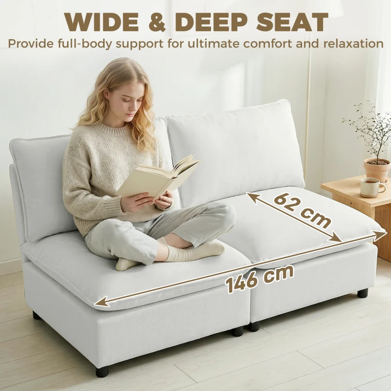 HOMCOM 2-osobowa sofa, 146 cm modułowa sofa z ekoskóry z szerokim i głębokim siedziskiem, grubymi poduszkami, łatwy montaż, Szara