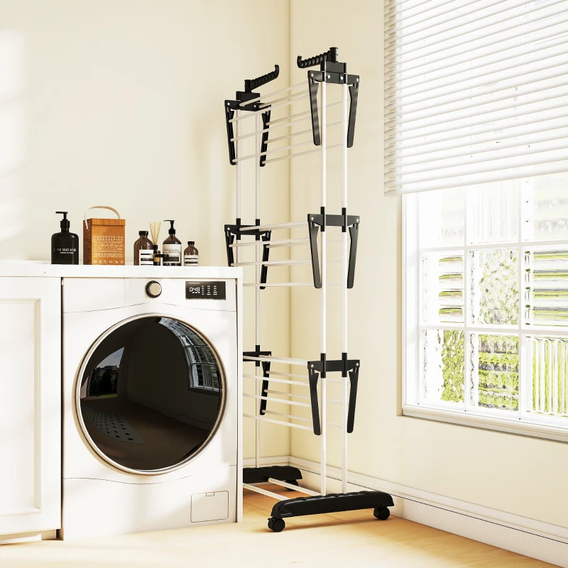 HOMCOM Séchoir étendoir à linge sur roulette pliable ailes latérales intérieure et extérieure 73 x 64 x 177 cm noir argent(m-9)