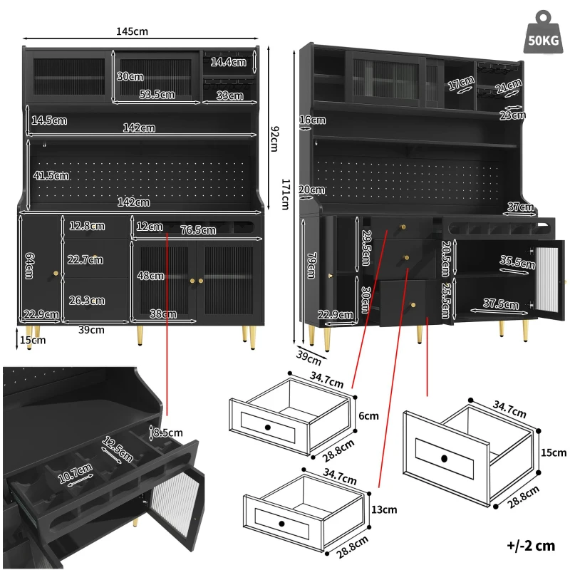 Modern Highboard with LED Lighting & Adjustable Shelves, Freestanding Cabinet with Pull-Out Wine Rack, 145L x 39W x 171H cm, Black