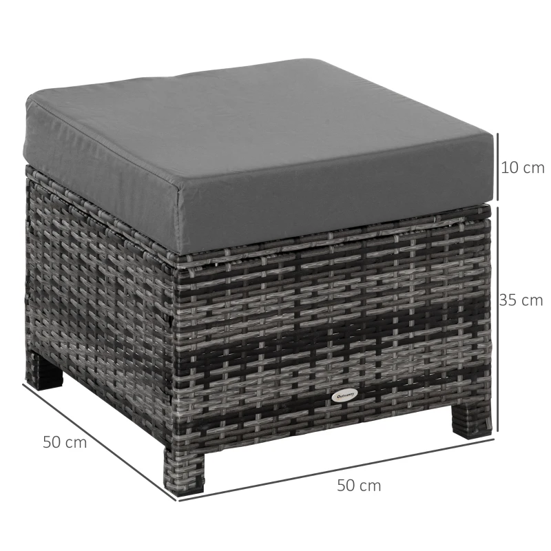Outsunny Outdoor PE Rattan Footstool, Patio Wicker Ottoman with Cushion, for Backyard Garden Poolside Living Room 50 x 50 x 35 cm, Grey