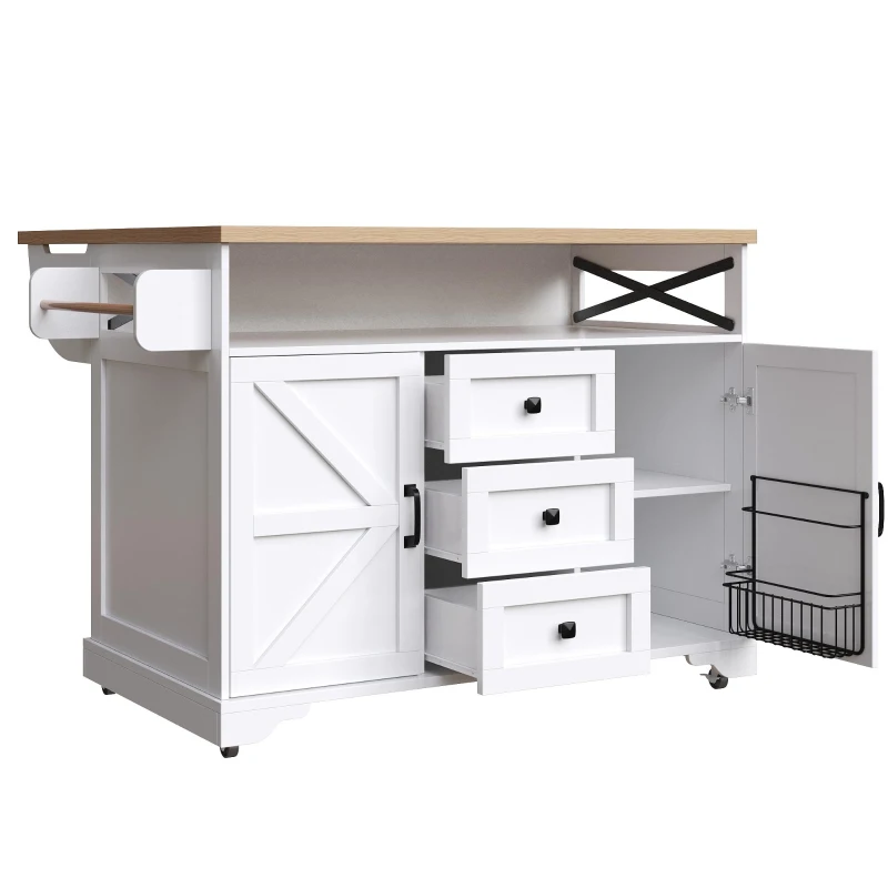 Mobile Kitchen Island with Drop-Leaf Table and Multi-Tier Snack Shelves, Serving Cart with App-Controlled LED, 120L x 72W x 98H cm, White