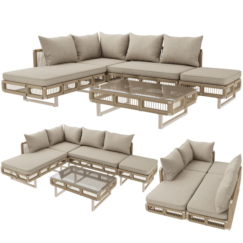 Rope-Woven Garden Sofa Set with 10 cm Thick Cushions, Versatile Garden Lounge Set with Splash-Proof Fabric, 225L × 167W × 62H cm, Beige