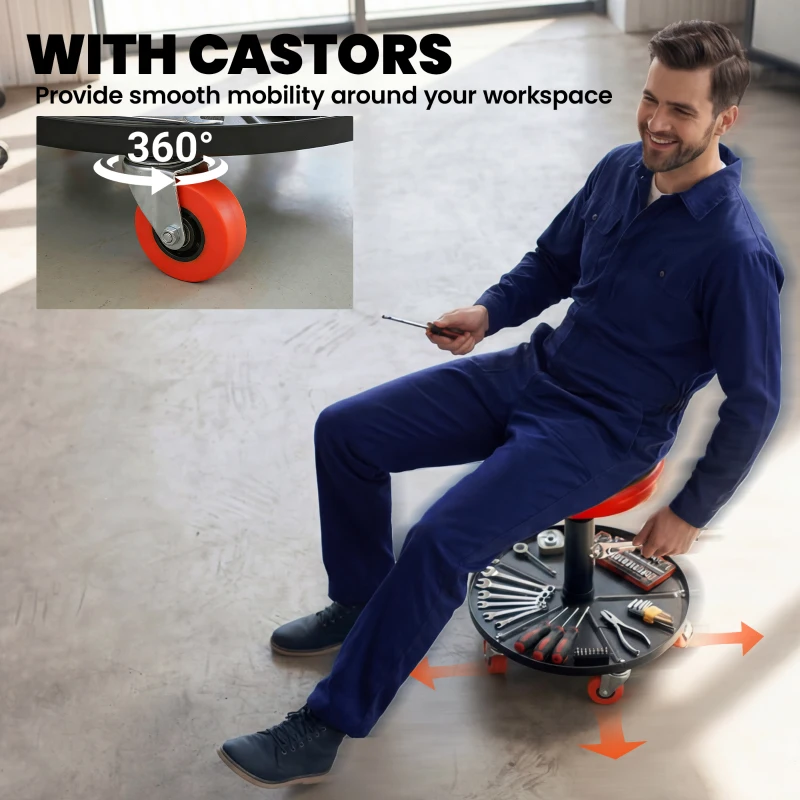 HOMCOM Rolling Mechanical Stool, Pneumatic Adjustable Workshop Stool with Tool Tray, Wheels - Orange