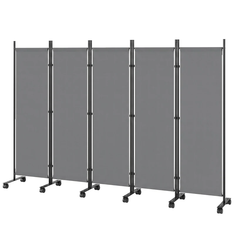 Outsunny Kamerscherm 5-delig 252 x 40 cm Vrijstaand Paravent met 12 Wielen Opvouwbaar DIY Donkergrijs