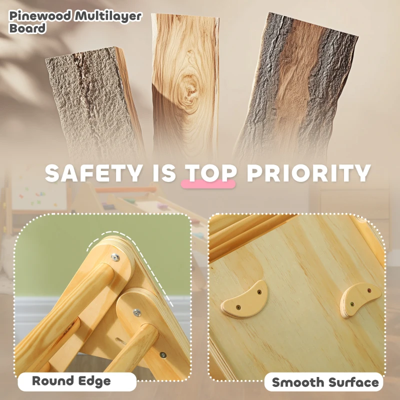 AIYAPLAY Toddler Climbing Frame, Wooden Climbing Frame Indoor for Kids with Ramp, 2 in 1 Pikler Triangle Set Baby Gym for 18-48 Months, Natural Wood Finish