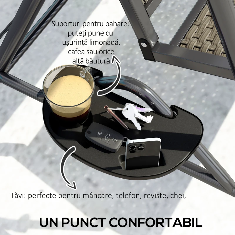 Outsunny Balansoar de Grădină 3 Locuri din Ratan PE cu Acoperiș Reglabil și Suporturi pentru Pahare, Balansoar de Exterior cu Cadru din Oțel, Capacitate 320 kg, 204x112x150 cm, Gri