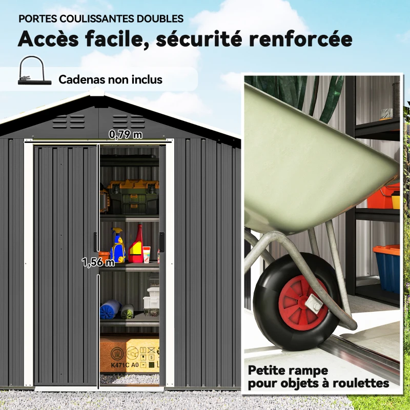 Outsunny Abri de jardin en métal grand espace de rangement extérieur avec portes coulissantes 194 x 107 x 191 cm gris foncé