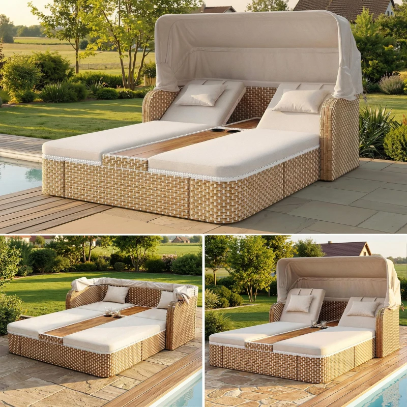Outdoor Wicker Double Chaise Lounge with Openable Adjustable Canopy, Modern Garden Furniture Set for Patio, 160L x 192W x 137H cm, Beige