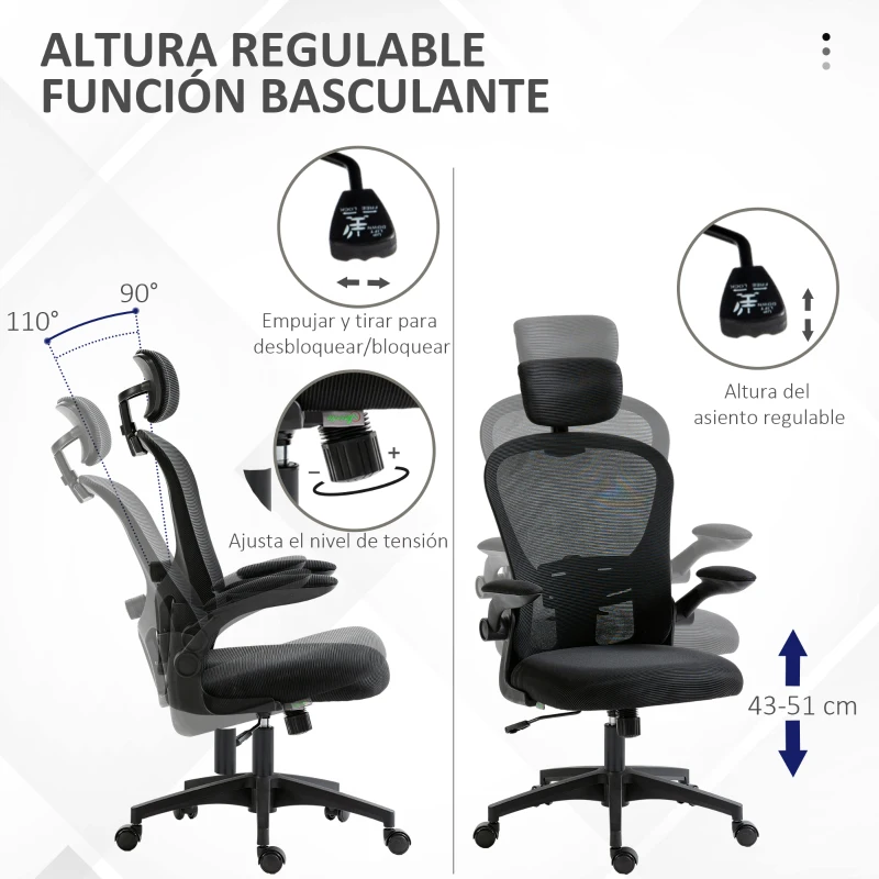 Vinsetto Silla de Oficina de Malla Silla de Escritorio Respaldo Alto Reposacabezas Ajustable Soporte Lumbar 4D 62x64x120 cm Negro