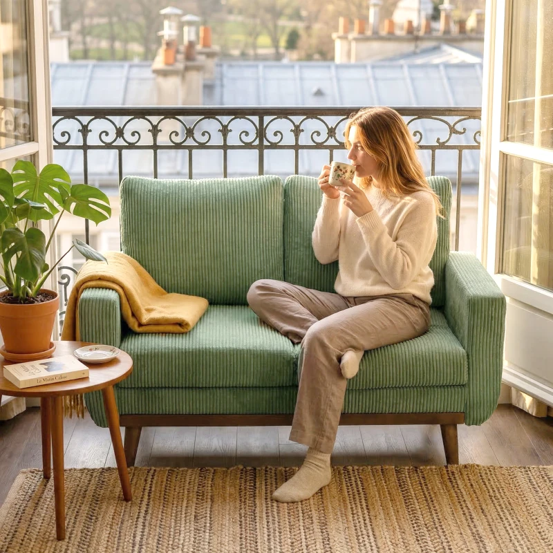 HOMCOM 2-Sitzer-Sofa, 134 cm Cord-Sofa mit Taschenfedern, dicker Rückenlehne, Holzlatten-Akzent, Grün