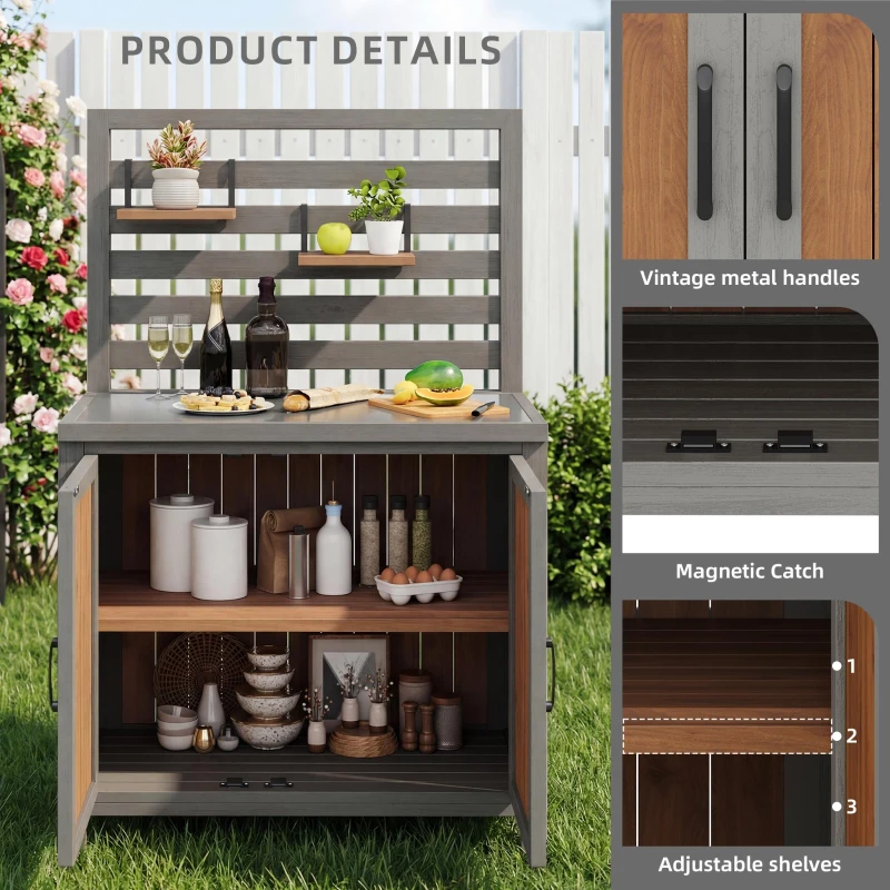 Weatherproof Garden Cabinet with Stainless‑Steel Worktop, Versatile Grilling Station for Patio and Balcony, 80L x 51W x 148.5H cm, Natural