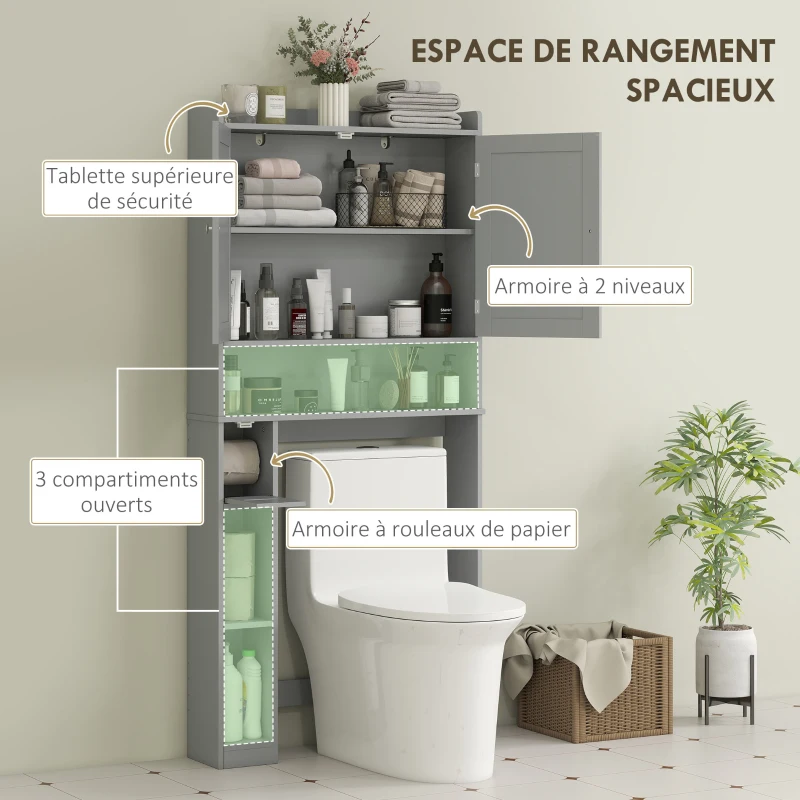 HOMCOM Meuble WC dessus de toilette ou machine à laver, 2 portes, 3 compartiments, porte-papier toilette, 80x19,5x170cm, gris(m-4)