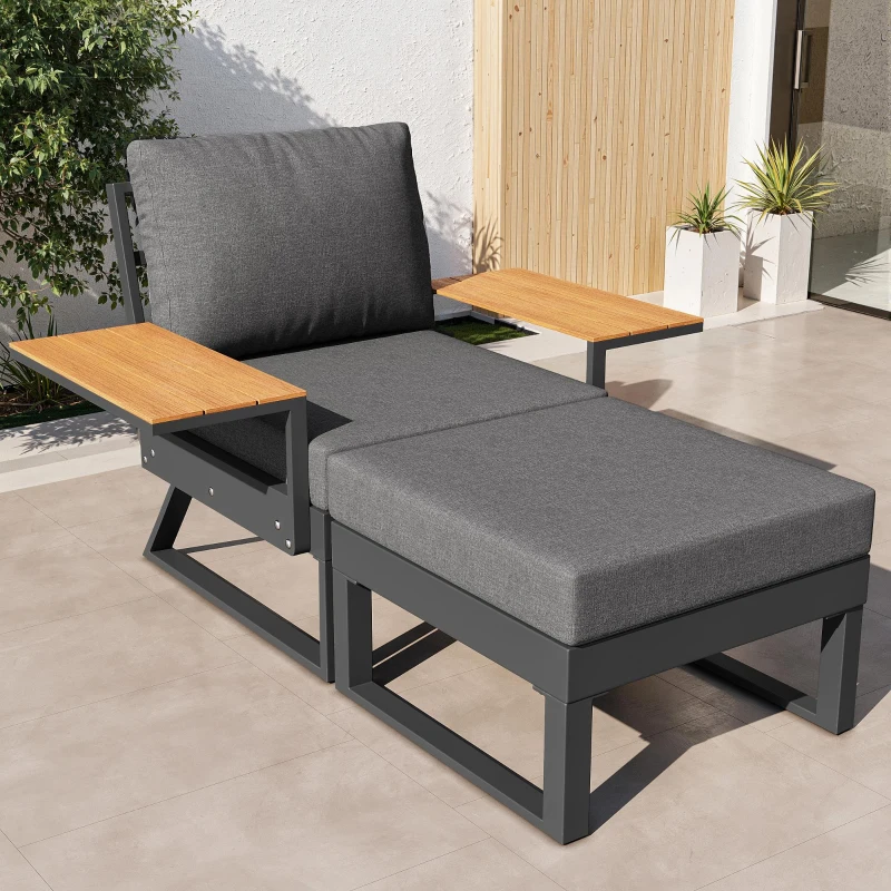 L-Shaped Garden Sofa Set with Galvanised Iron Frame, Comfortable Garden Lounge Set with Wooden Armrests, 110L x 62W x 75H cm, Gray