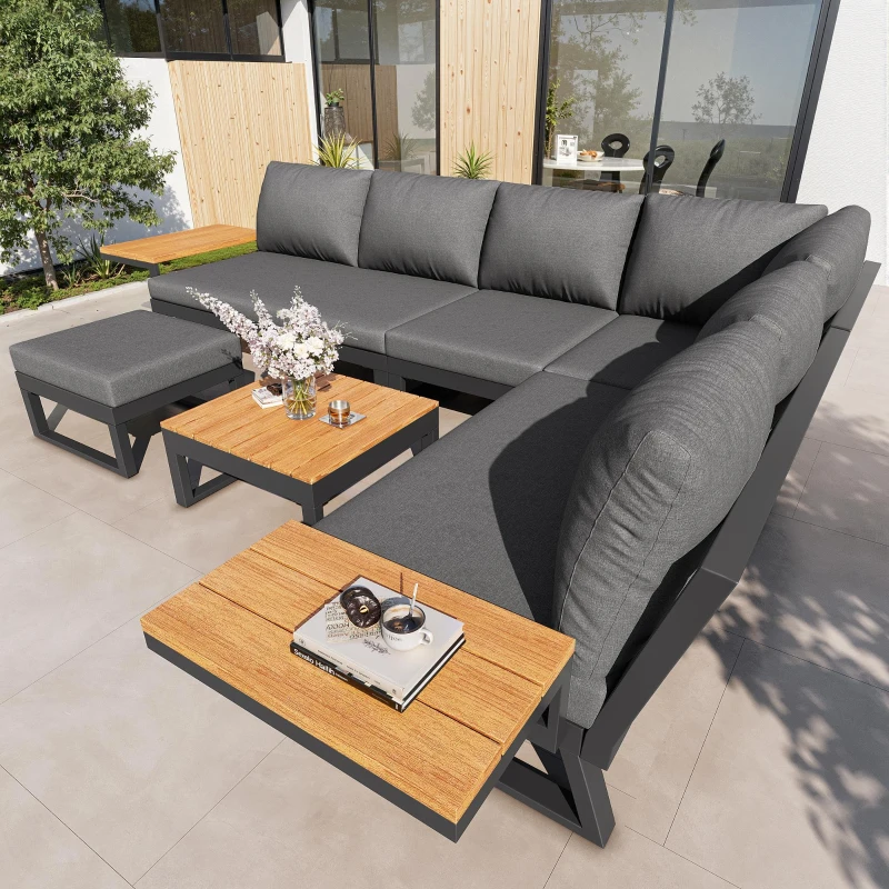 L-Shaped Garden Sofa Set with Galvanised Iron Frame, Comfortable Garden Lounge Set with Wooden Armrests, 110L x 62W x 75H cm, Gray