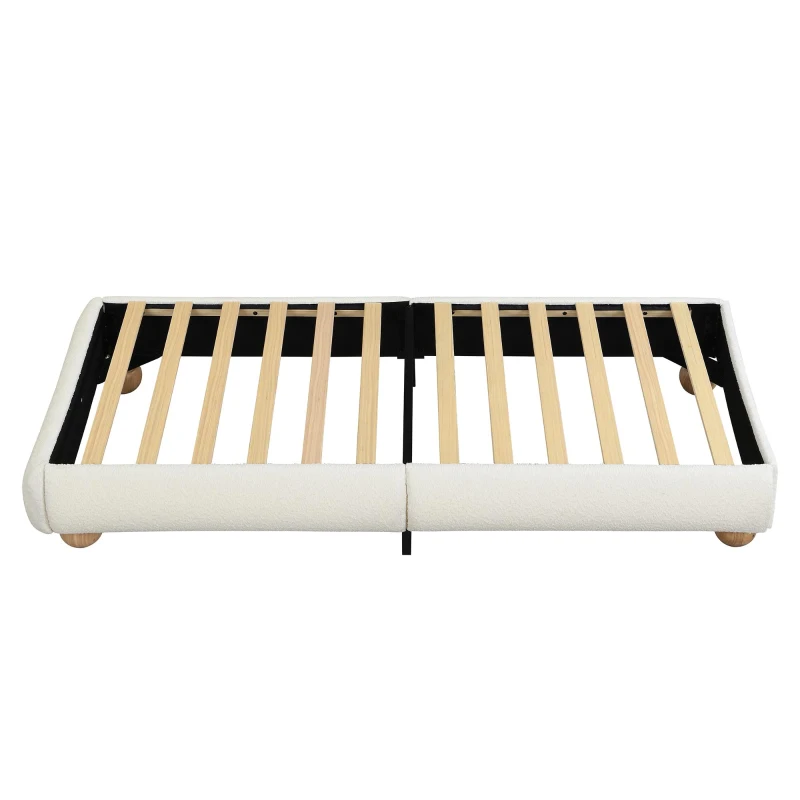 Modern Upholstered Double Bed with Sturdy Slatted Frame, Bouclé Platform Bed with Rounded Modern Legs, 197L x 146W x 30H cm, Beige