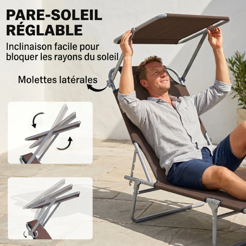 Outsunny Transat Bain de Soleil Pliable Chaise Longue Pliante Grand Confort Dossier Inclinable Multi-positions et Pare-Soleil réglable Dim. 187L x 58l x 36H cm chocolat