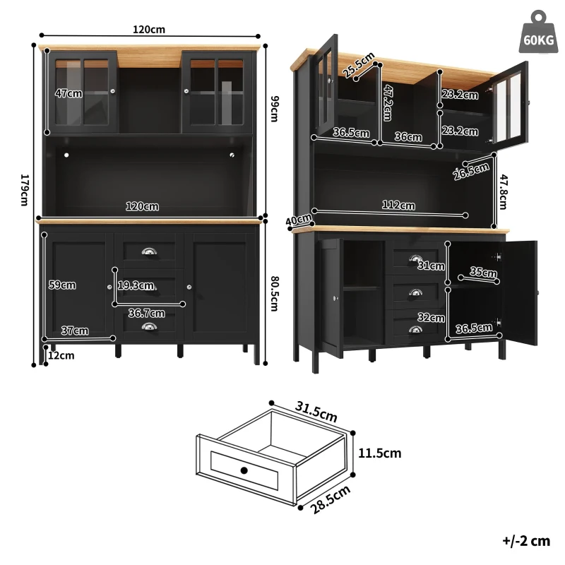 Tall Sideboard with 4 Doors, 3 Drawers and Open Shelf, Versatile Storage Cabinet for Kitchen & Living Area, 120L x 40W x 179H cm, Black