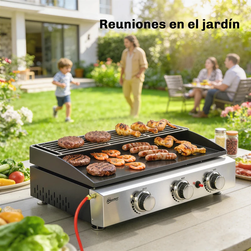 Outsunny Barbacoa de Gas con 3 Quemadores 7,5 kW Barbacoa Portátil con Plancha Rejilla Calentadora y Recogedor Grasa Negro