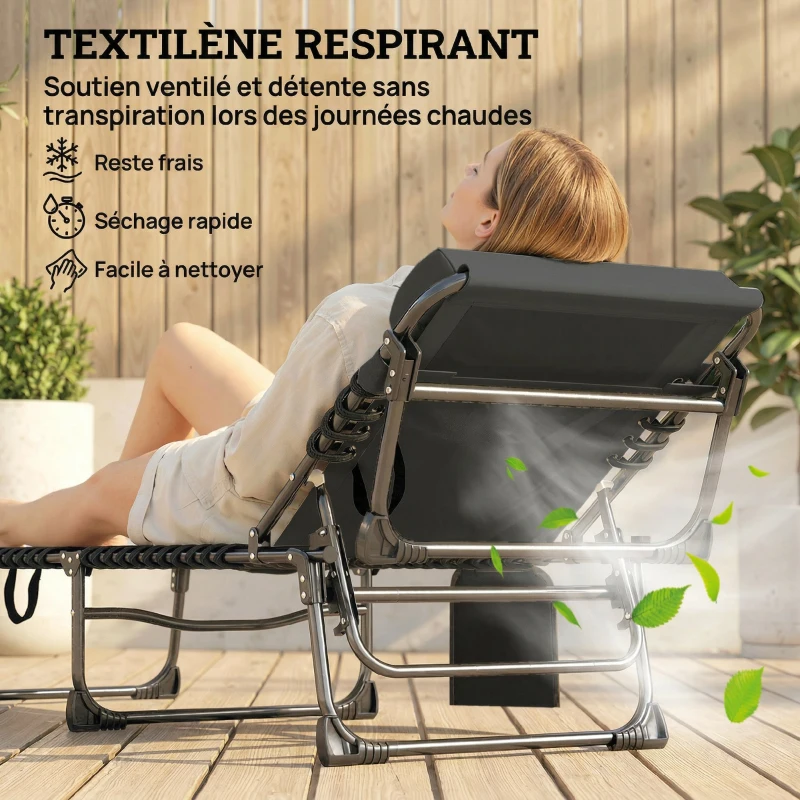 Outsunny Lot de 2 Bains de Soleil Transat de Jardin Matelas XXL 9cm Inclinable 180° Plat Pliable à 5 Positions 200x57x38cm Gris