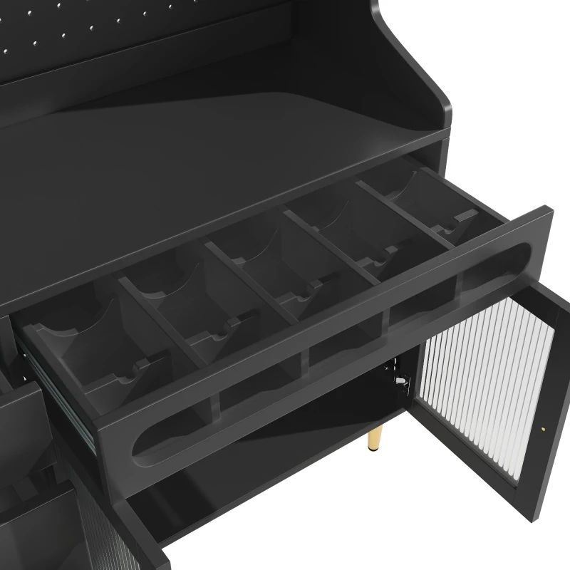 Modern Highboard with LED Lighting & Adjustable Shelves, Freestanding Cabinet with Pull-Out Wine Rack, 145L x 39W x 171H cm, Black