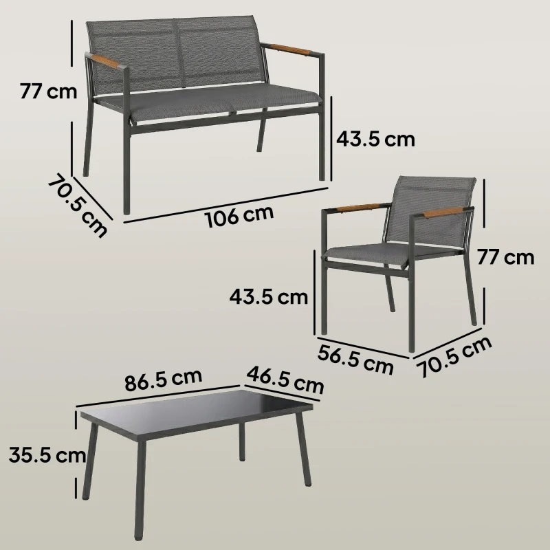 Outsunny 4 Seater Garden Furniture Set with Loveseat, Armchairs, Table, Metal Garden Sofa Set with Breathable Seats, Grey