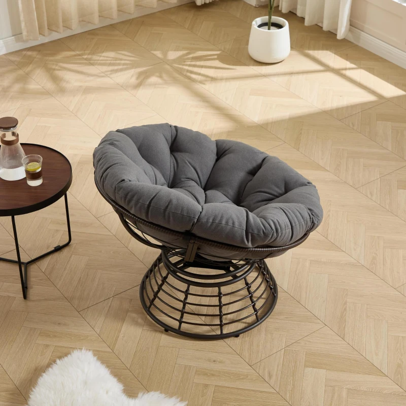 Poltrona Papasan, girevole a 360°, cuscino spesso, struttura in acciaio, 92x92x67 cm, Grigio