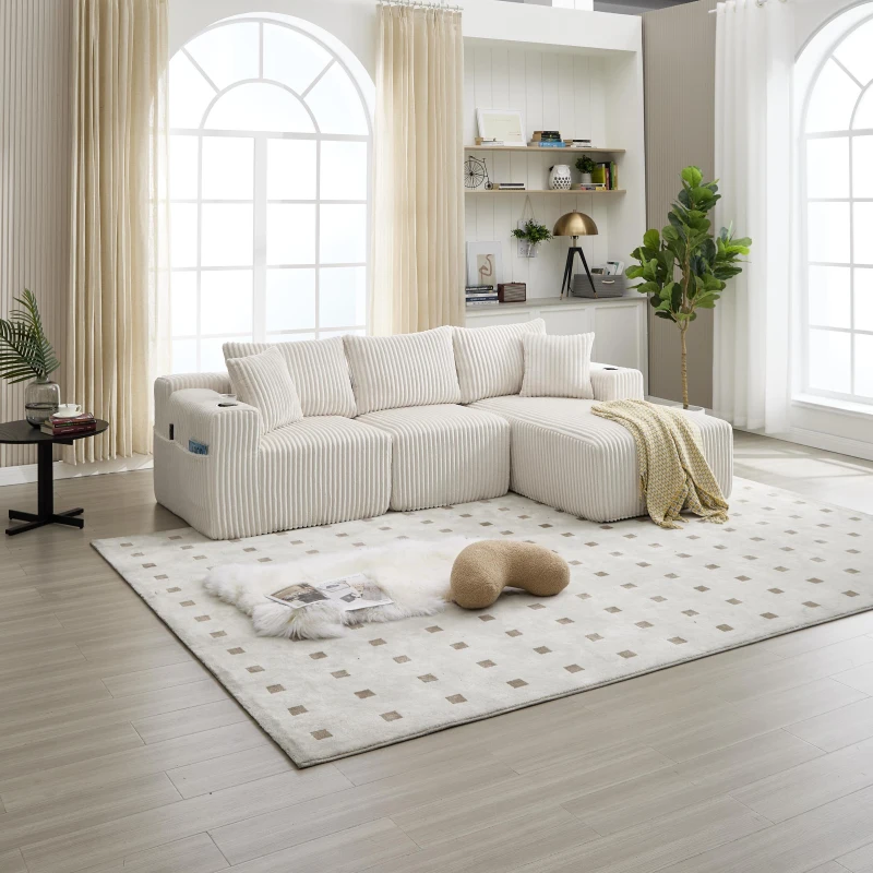 Modular L-Shaped Sectional Sofa with High-Resilience Foam, Plush Corduroy Chaise Lounge for 3 People, 257L x 160W x 80H cm, Beige
