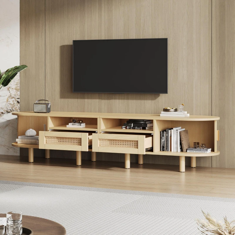 Modern TV Stand with 2 Drawers, 2 Sliding Doors & 8 Solid Wood Legs, Versatile Cabinet with Rounded Corners, 170L x 40W x 40H cm, Oak