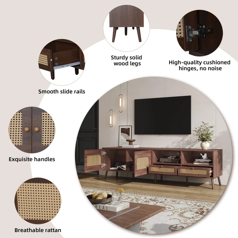 Modern TV Entertainment Centre with 2 Drawers & 2 Cabinets, Sturdy Media Cabinet for Living Rooms, 200L x 37W x 49.5H cm, Wood