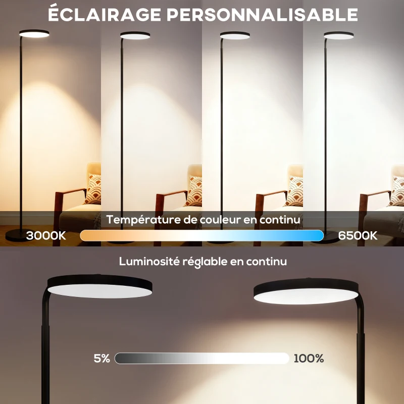 HOMCOM Lampadaire LED, lampe sur pied à intensité variable, tête rotative 350 °, télécommande magnétique, 41x25x177cm, noir