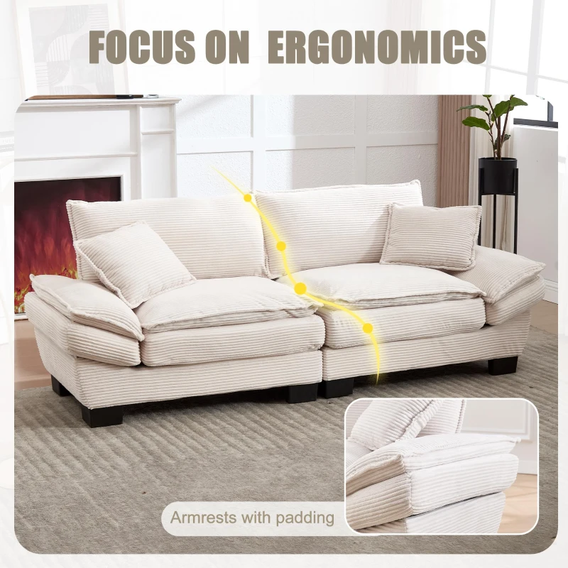 Oversized Cloud Sofa with Ergonomic High-Resilience Foam & 2 Lumbar Cushions, Modular Couch for 2 People, 224L x 81W x 81H cm, Beige