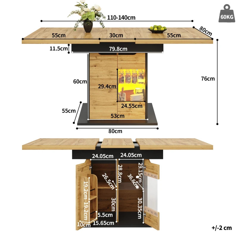 Telescopic Table with App-Controlled LED Lighting and USB Port, Extendable Dining Table for 4-6 People, 110-140L x 80W x 76H cm, Black