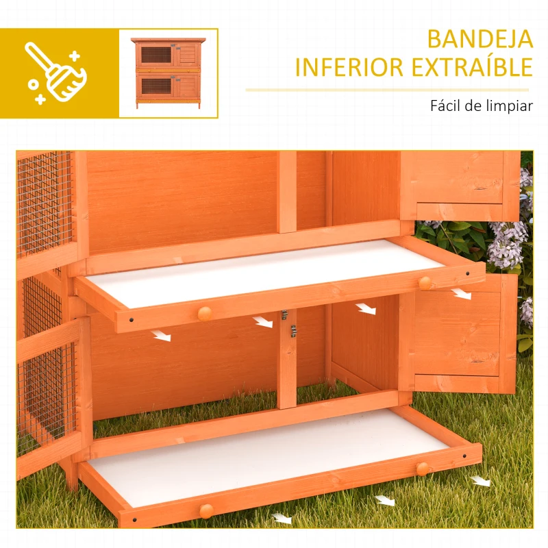 PawHut Conejera de Madera Exterior de 2 Niveles Jaula para 1-2 Conejos Mascotas Pequeñas con Techo Asfáltico Abrible y 2 Bandejas Extraíbles 90x45x90 cm Madera Natural