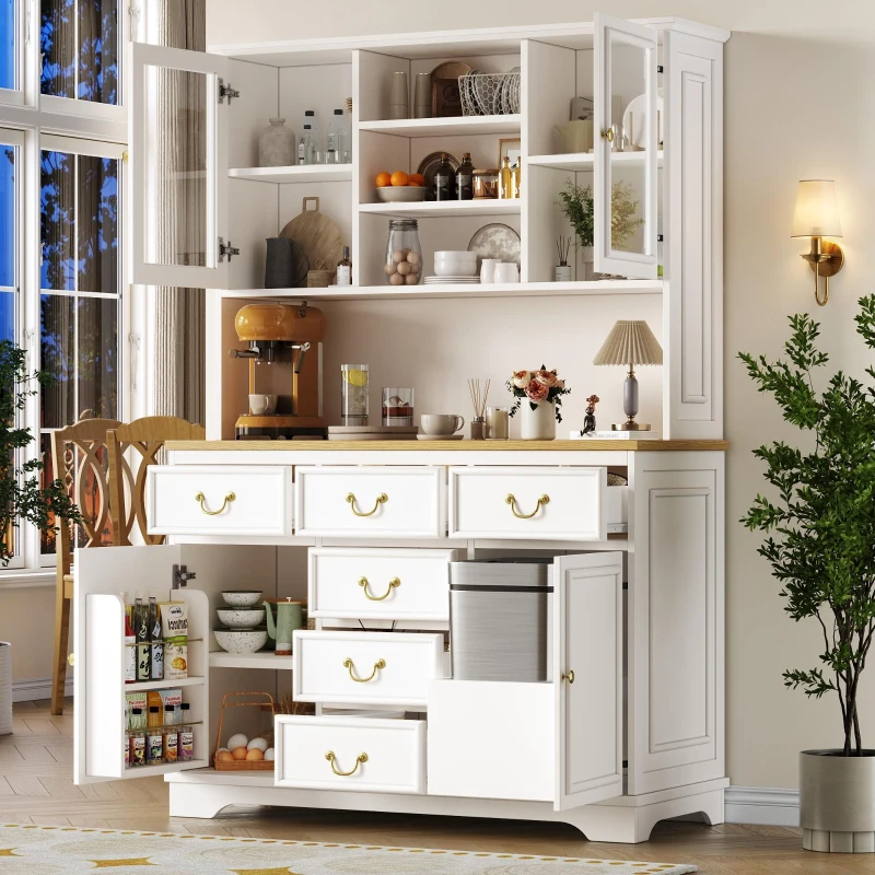 Tall Kitchen Cabinet with Integrated USB Ports & Ergonomic Worktop, Stylish Sideboard with Adjustable Shelves, 118L x 39.5W x 180H cm, White