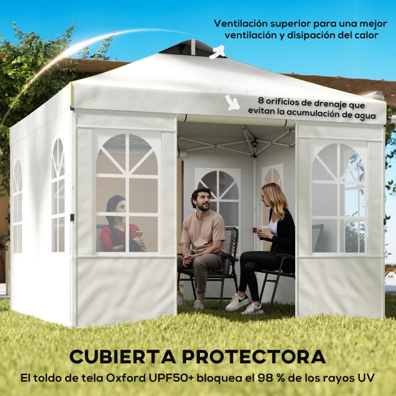 Outsunny Carpa Plegable 3x3 m Pop-up con UPF50+ 4 Laterales Desmontables Altura Ajustable y Bolsa de Transporte Blanco