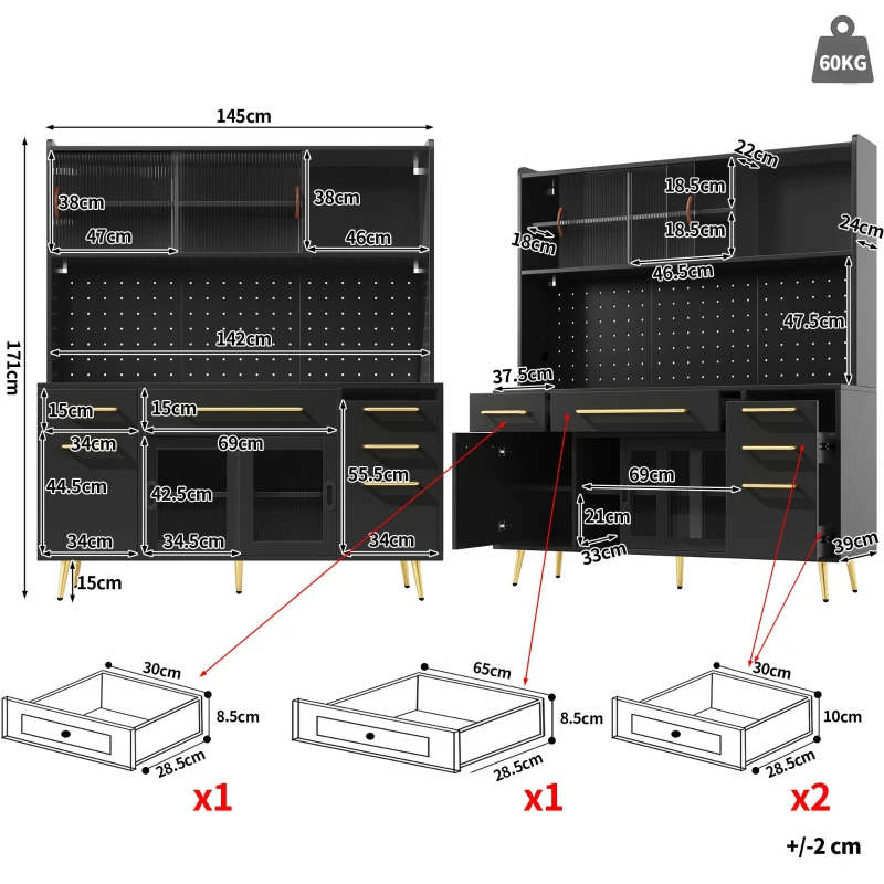 Modern Sideboard with App-Controlled LED Lighting and Music Mode, Tall Cabinet for Kitchen and Living Room, 145L x 39W x 171H cm, Black