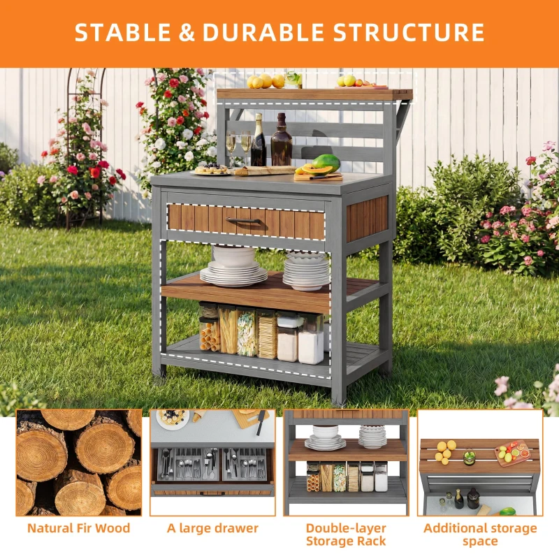 Wooden Garden Cabinet with Large Drawer and 2-Tier Shelf, Weather‑Resistant Sideboard for Patio Workspace, 80L x 72.5W x 123H cm, Natural