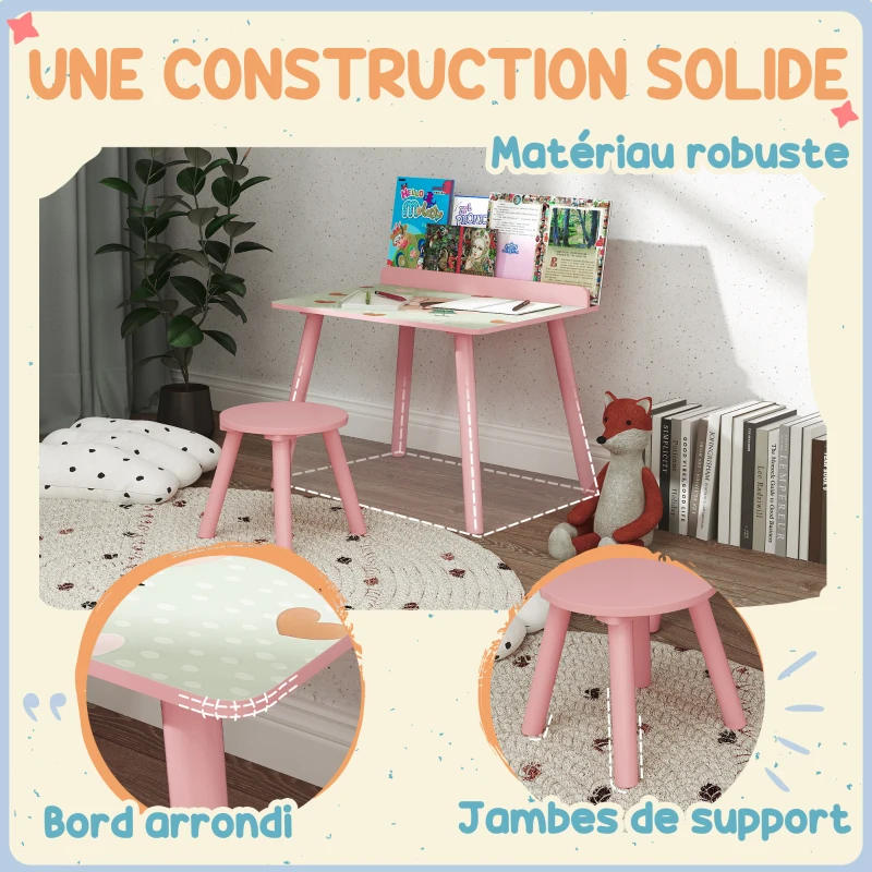 AIYAPLAY Ensemble table et chaise enfant table pour enfant avec chaise avec porte-livres motifs d'ours pour enfants 3-8 ans rose