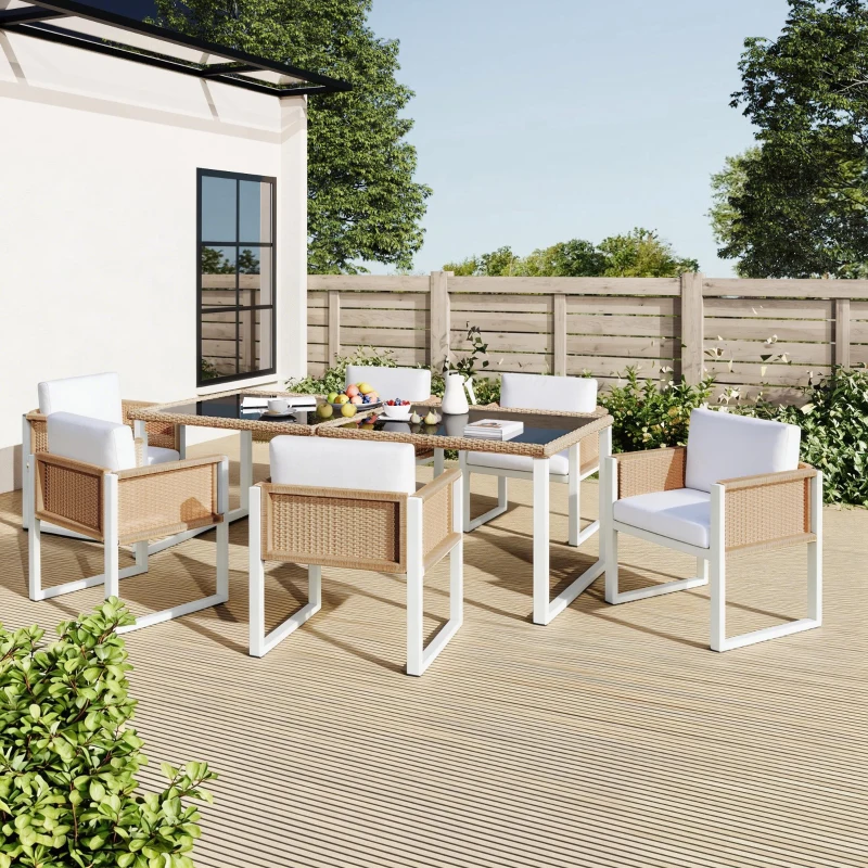Set da pranzo in polyrattan per 6 persone, piano in vetro temperato, rivestimenti sfoderabili e lavabili, Marrone+Bianco