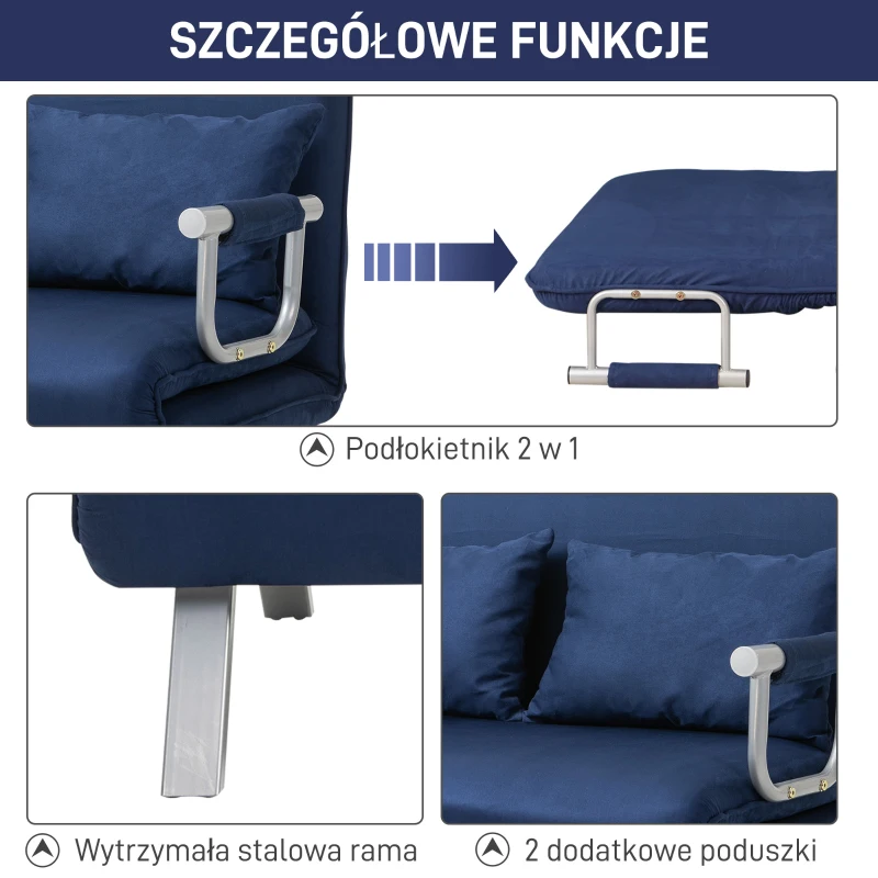HOMCOM Sofa do Spania, 5-stopniowa Regulacja, Imitacja Zamszu, Rama Metalowa, w zestawie Poduszki, Granatowa(m-5)